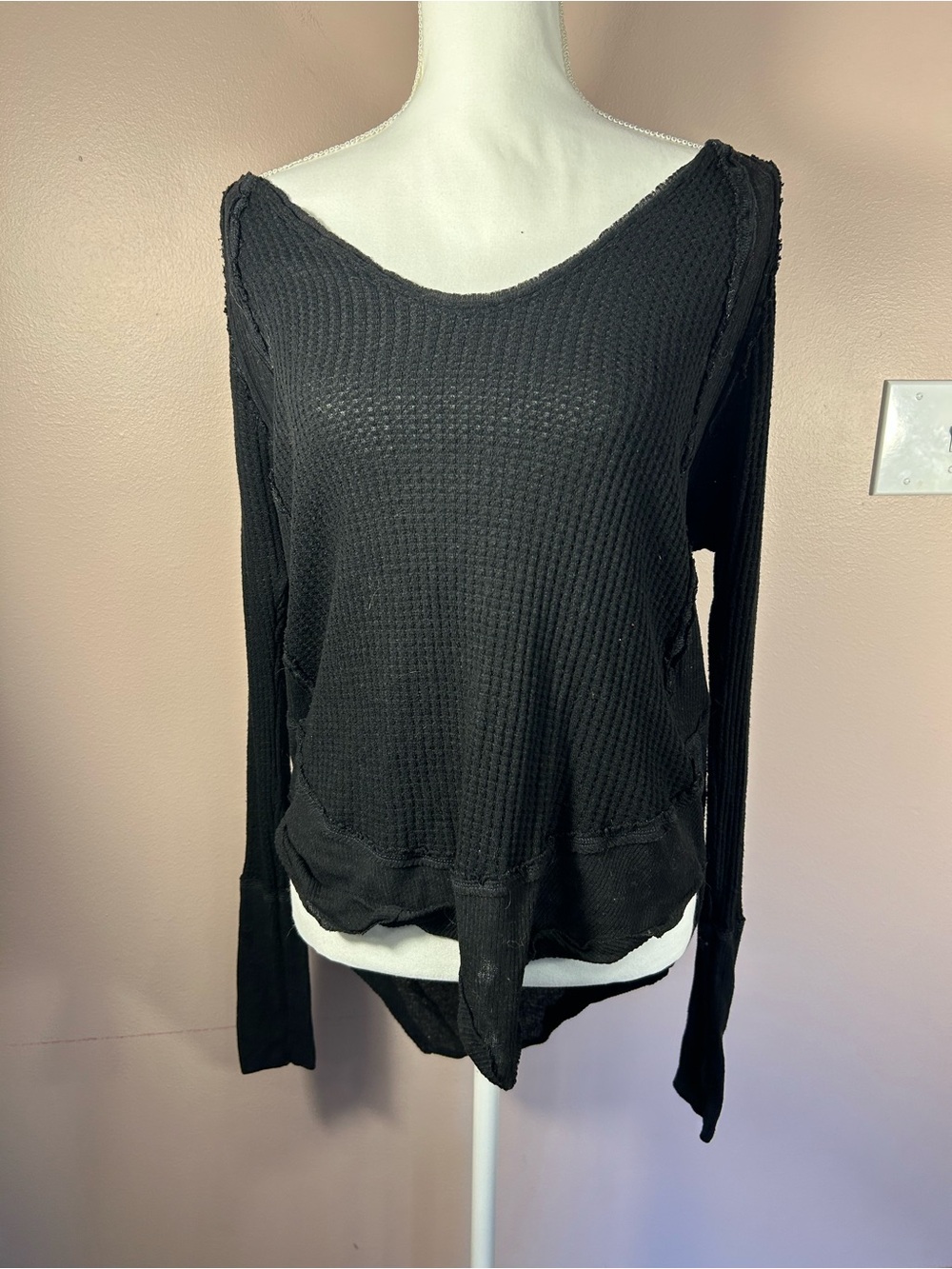 We The Free Black Waffle Knit Scoop Neck Long Sleeve Top